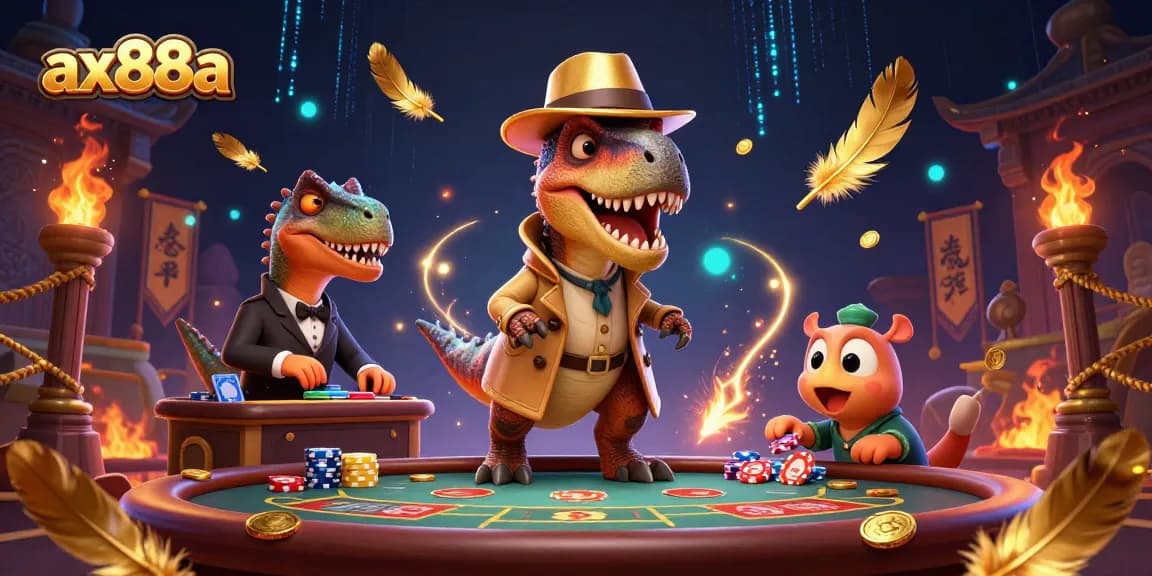 Engage in thrilling gameplay at ax88a with a vibrant scene of a velociraptor card counter and dinosaur characters.