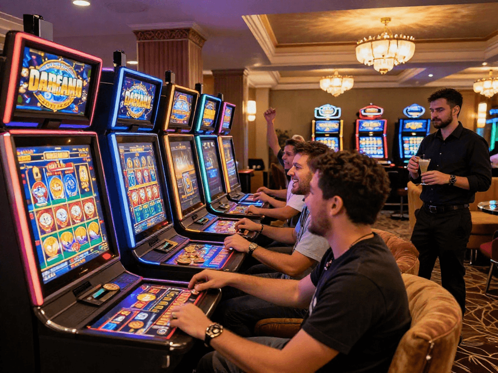 Exciting casino scene with players engaging at slot machines, showcasing vibrant graphics and lights.