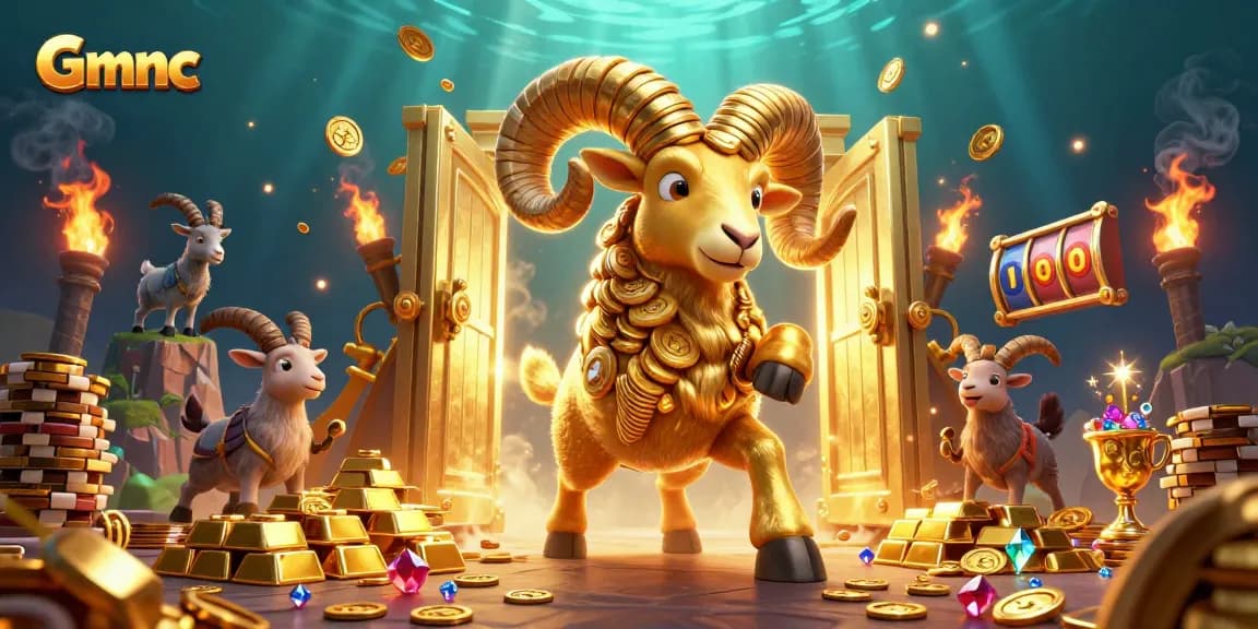 Gmnc showcases a thrilling gambling scene with a golden ram charging towards a jackpot, surrounded by treasures.
