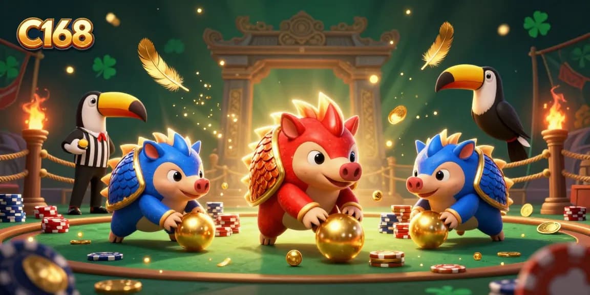 C168 features rival pangolins bowling poker chips in a vibrant casino scene filled with immersive game elements.