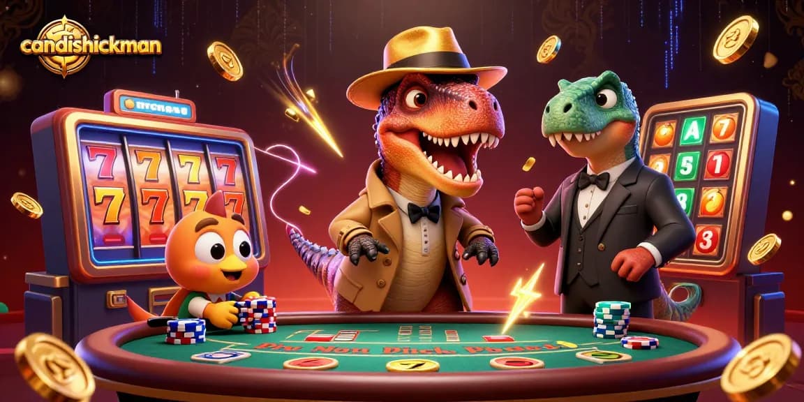 Engage in thrilling slot strategies with candishickman at a vibrant casino scene featuring a velociraptor counter.