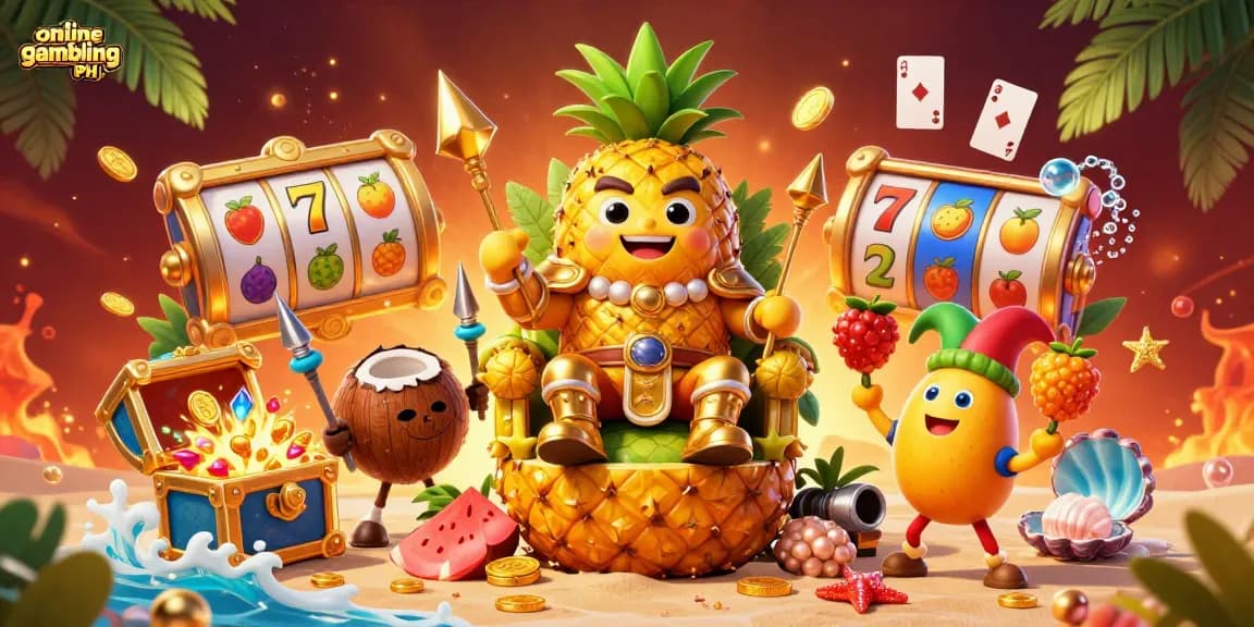 Engage with online gambling PH through this vibrant 3D illustration depicting a tropical casino scene.