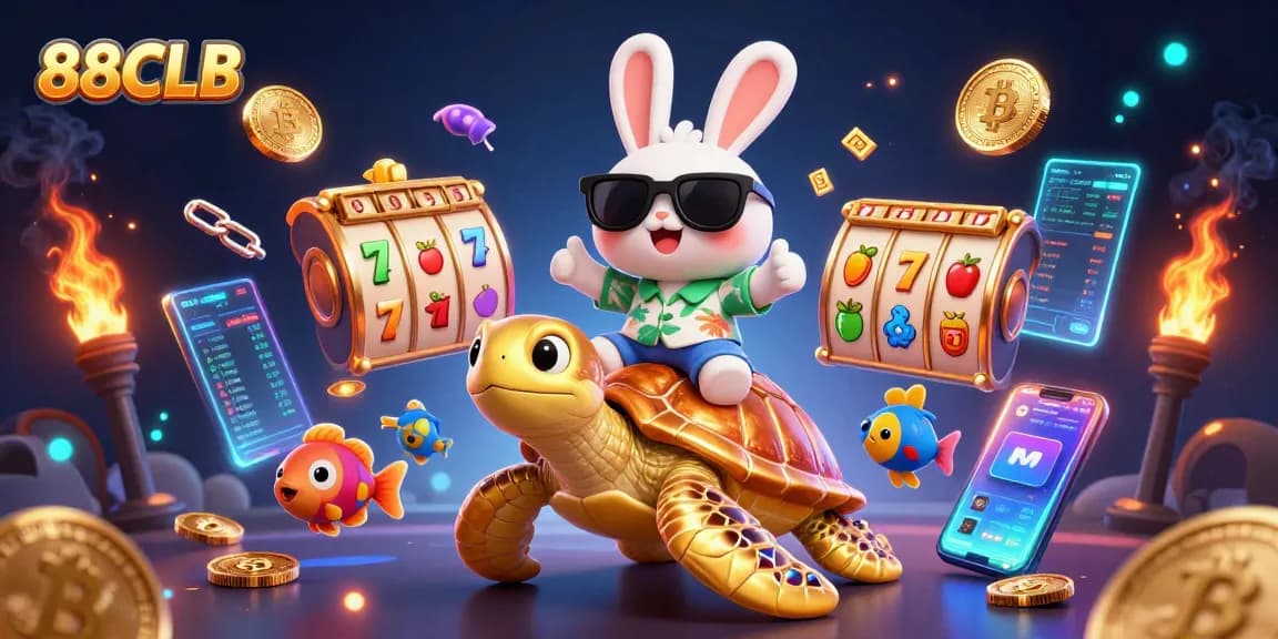 Experience the winnings at 88CLB with a lively illustration of a lucky rabbit and a golden sea turtle.