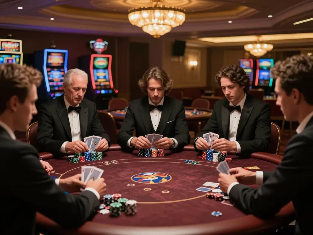 Net88 players strategizing their next move at an upscale poker table in a luxury casino.