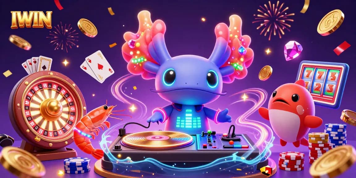 IWIN brings excitement with a lively 3D illustration of a DJ axolotl and dancing sea creatures in a vibrant casino-themed scene.