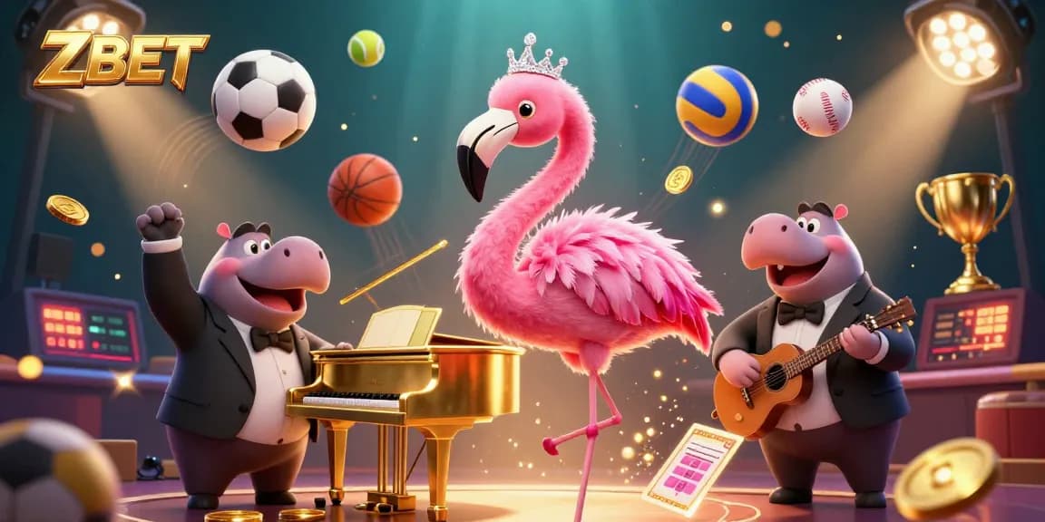 ZBET captivates with a vibrant 3D casino scene featuring lively characters and dynamic sports elements.