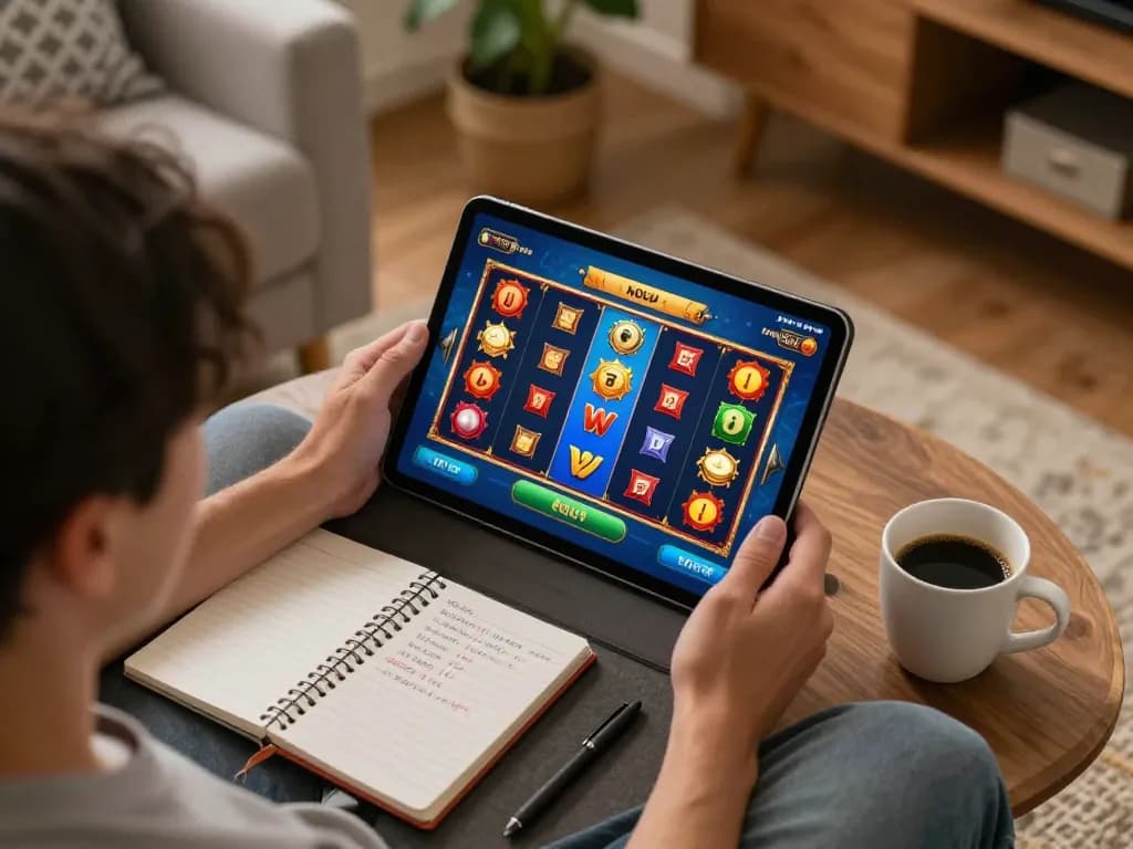 Engaging player enjoying nohu slot game on tablet at cozy home setup with betting notes.
