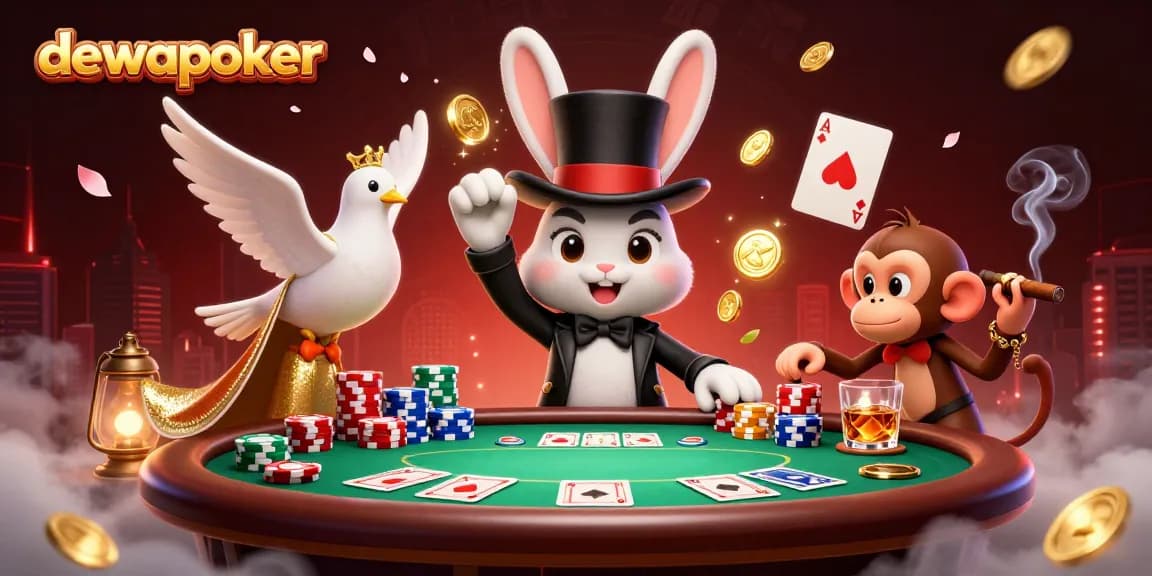 Dewapoker shows a magician rabbit, dove, and monkey in a vibrant casino scene, illustrating poker excitement.