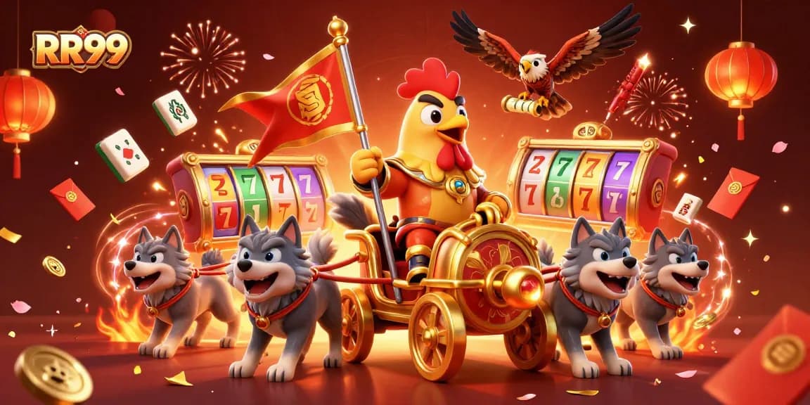 Experience the thrill of RR99 with a dynamic casino scene featuring rich game elements and celebrating characters.