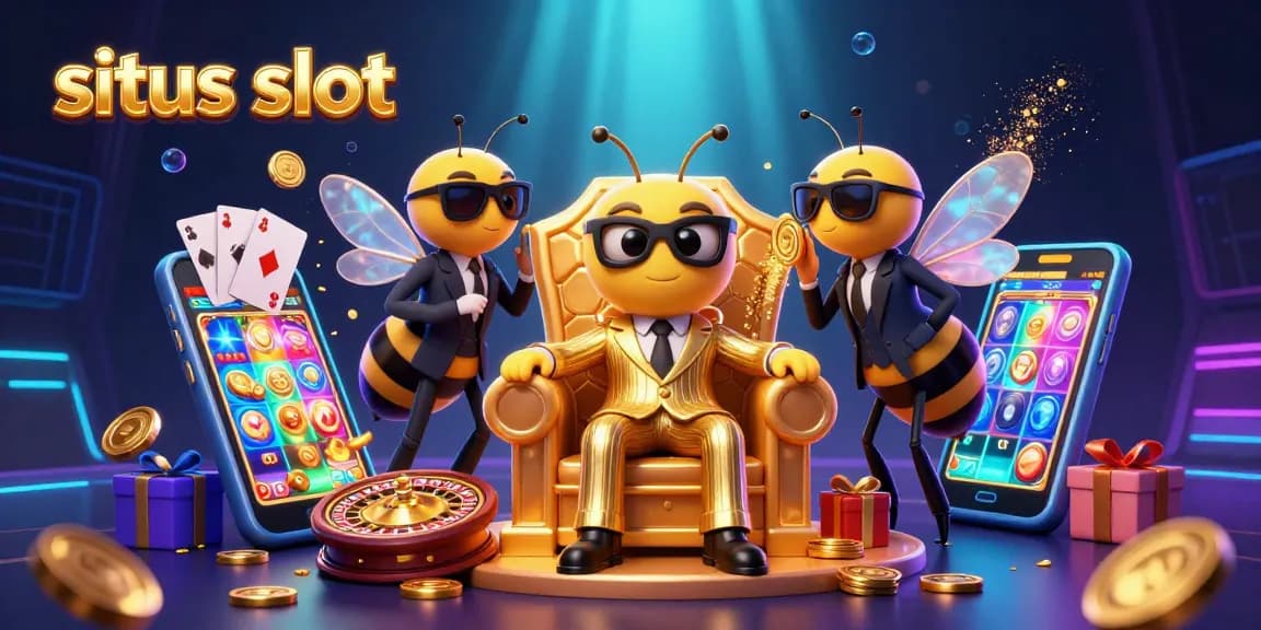 Bermain situs slot dengan bumblebee berpakaian rapi dan elemen kasino berwarna-warni