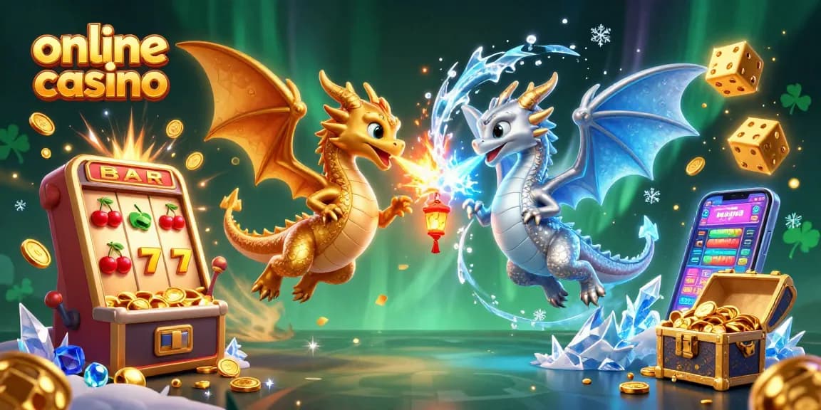Experience thrilling wins at an online casino with two dragons and vibrant gaming elements.