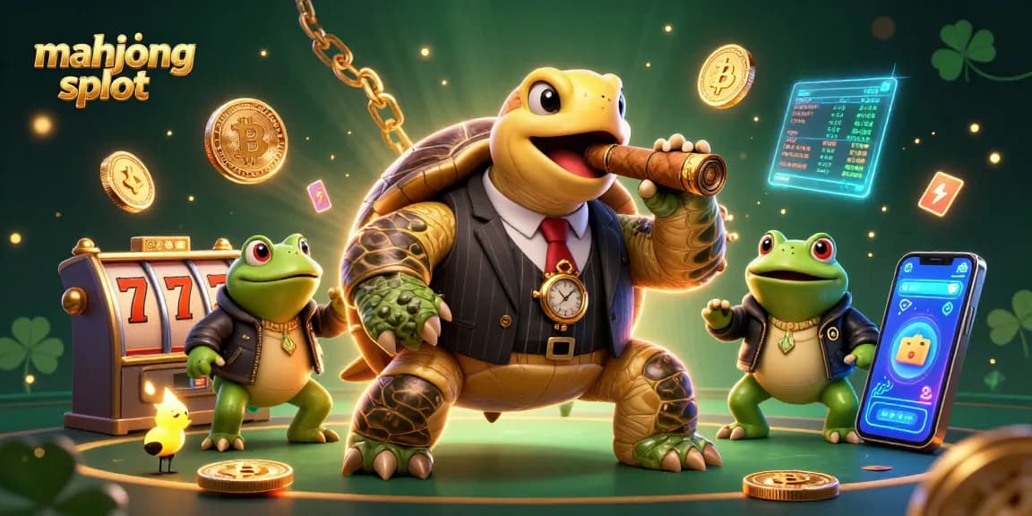 Engage with mahjong slot games in a vibrant scene featuring a cartoon turtle in mobster attire.