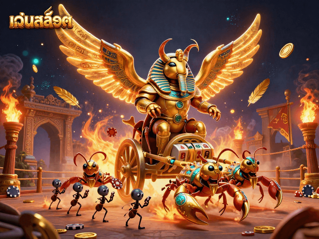 Experience thrilling gameplay with เว็บสล็อต in this vibrant 3D casino scene featuring golden scarab and scorpions.