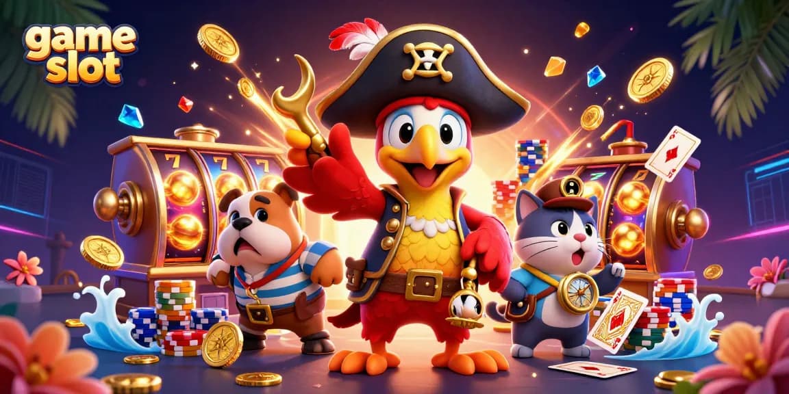 Experience the excitement of game slot with a pirate captain, bulldog, and cat navigator amidst dazzling coins and colorful chips.