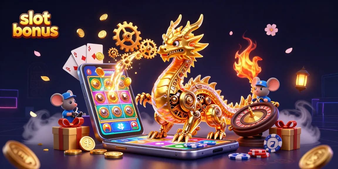 Engage in thrilling slot bonus gameplay with a golden dragon and gaming elements.