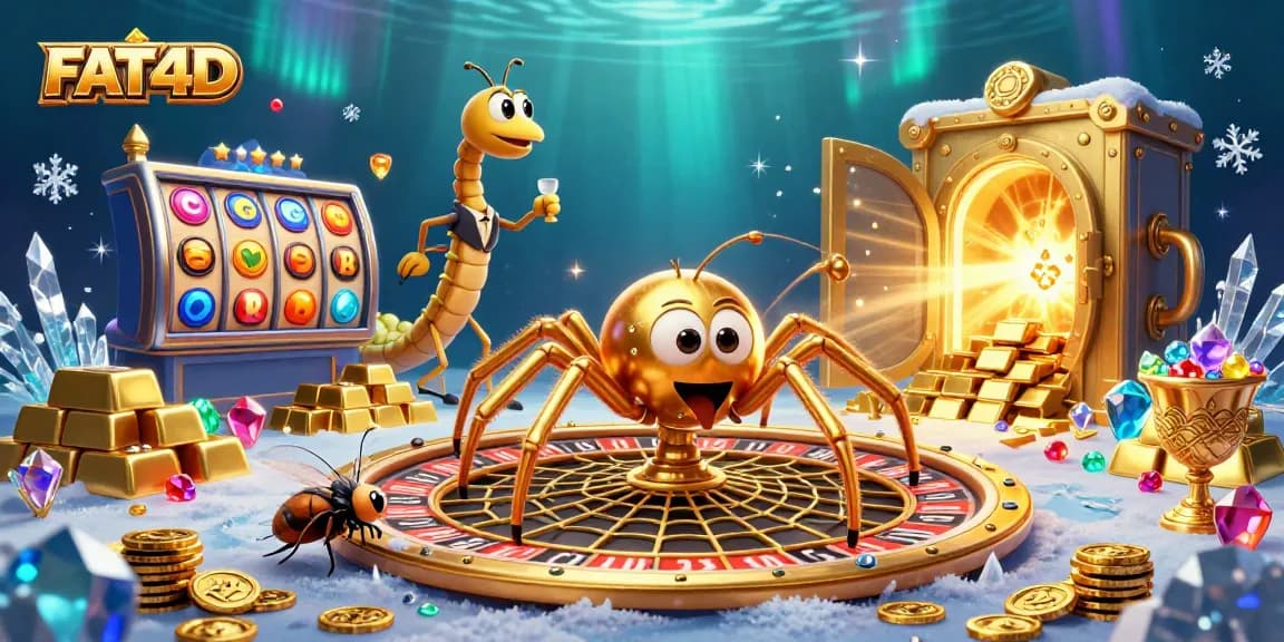 FAT4D delivers excitement with a golden spider, roulette wheel, and dynamic slot elements in a captivating design.