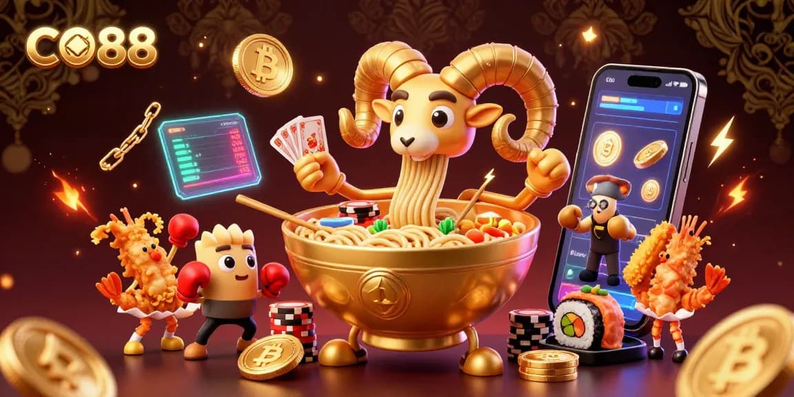 Engage in exciting gaming action with CO88's vibrant 3D casino-themed illustration featuring dynamic characters and crypto elements.