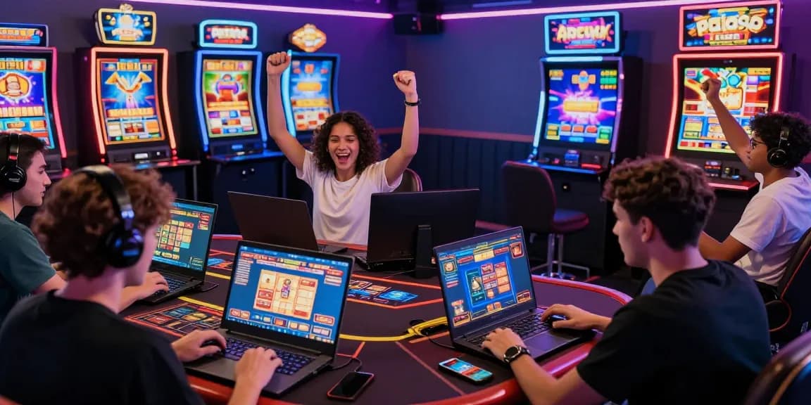 Players engaging with credit card casinos in a dynamic online gaming lounge, celebrating wins and interacting.
