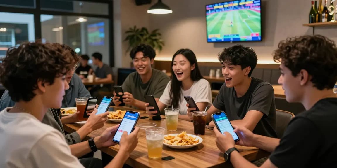 Suasana taruhan rajatogel dengan teman-teman yang berdiskusi di lounge modern.