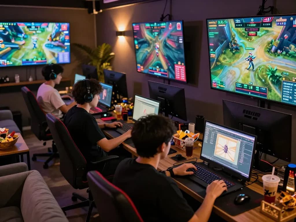 Engaged players strategizing esports Z16 bets in a lively gaming space with vibrant screens.