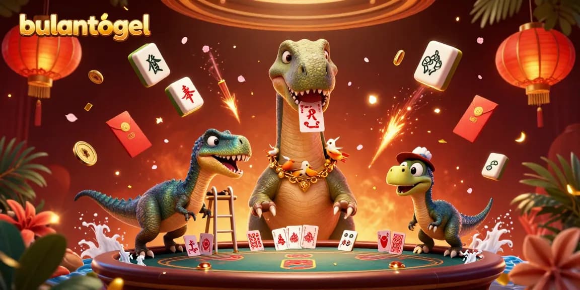 Permainan bulantogel ditampilkan dengan dinosaurus dan dealer kartu, menciptakan suasana kasino yang menarik.