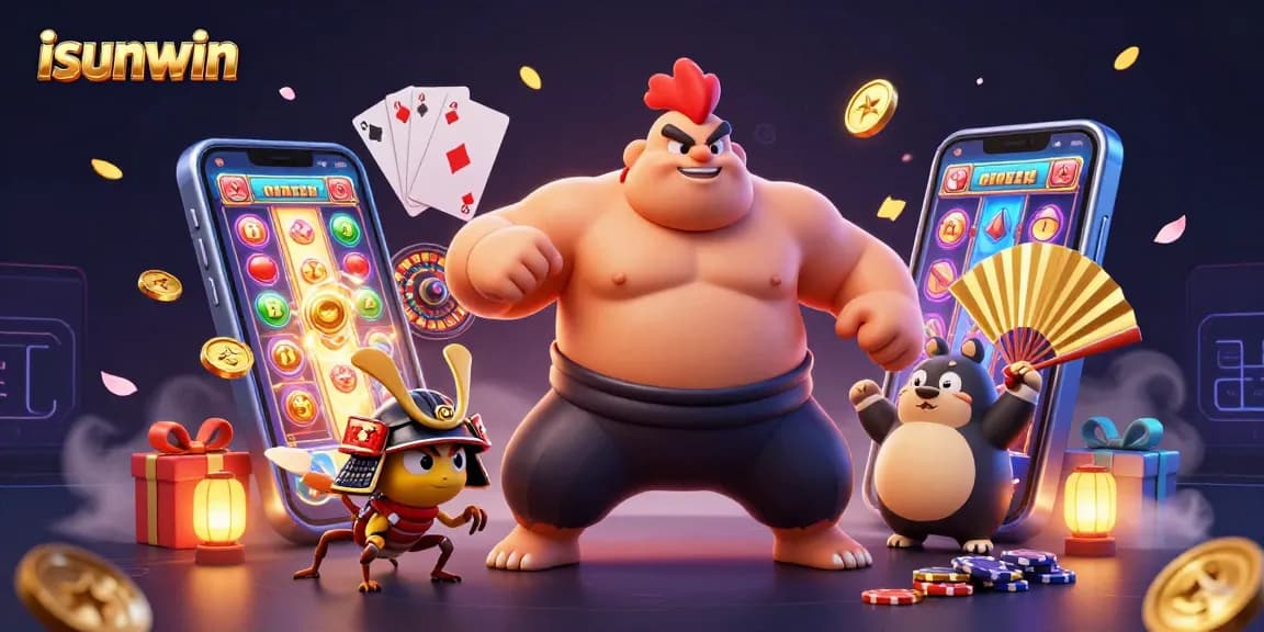 Experience thrilling gameplay with isunwin, featuring a dynamic gaming scene with a sumo wrestler rooster and vibrant slots.