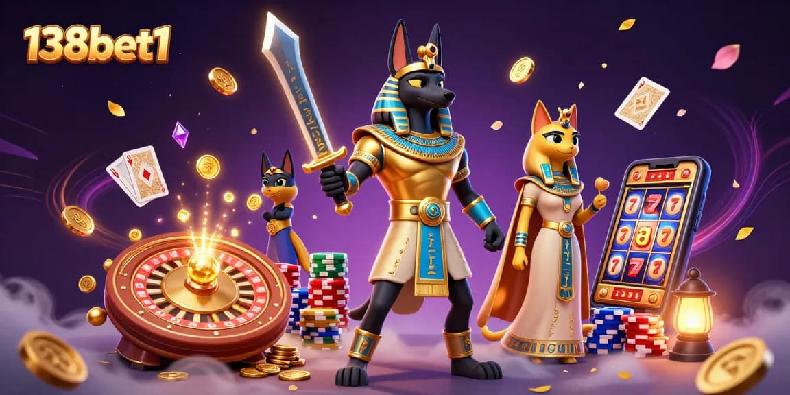 Experience winning thrills at 138bet1 with a vibrant 3D casino scene featuring Anubis, gold coins, and slots.