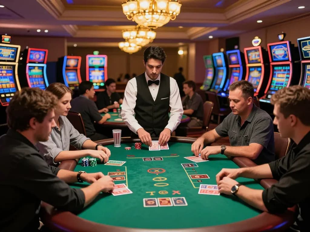 Players at a TT88 blackjack table strategizing their bets in an upscale casino setting