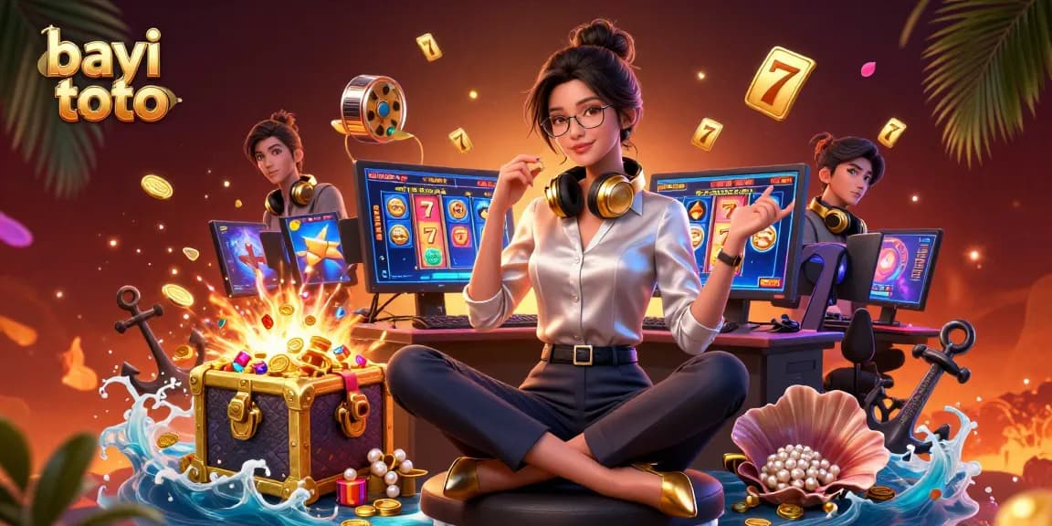 Bayi toto offers a vibrant gaming scene with an Asian woman at a high-tech setup, surrounded by rich slot game elements.