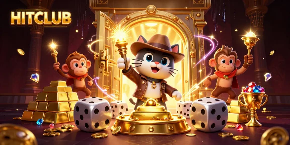 Experience HITCLUB's thrilling casino adventure featuring a lively cat and monkey in a treasure-filled temple.
