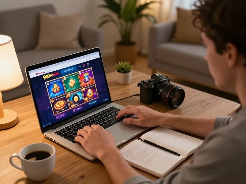 Player enjoying 98win trang chu gaming on laptop, showcasing strategic online betting.