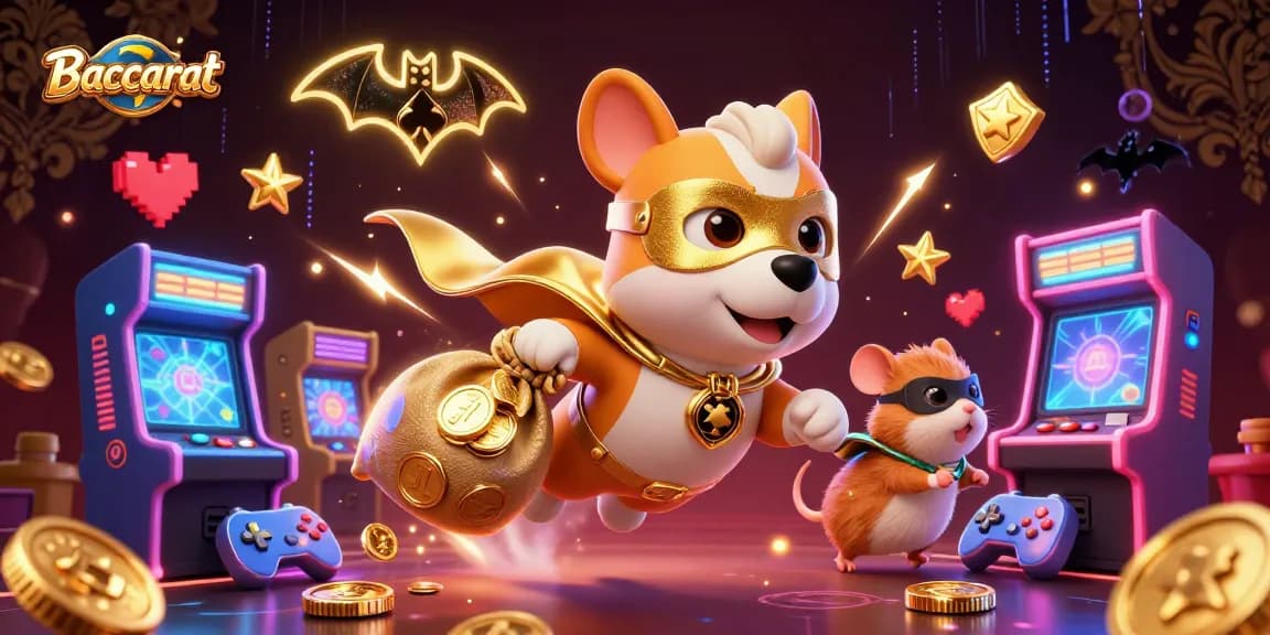 Baccarat game celebrated through a lively scene with a superhero dog and hamster, evoking fun and strategy.