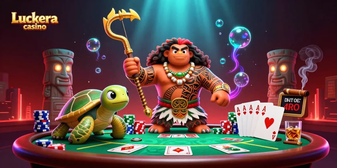 Experience the thrill of Luckera casino with vibrant poker action featuring a Maui-style demigod.