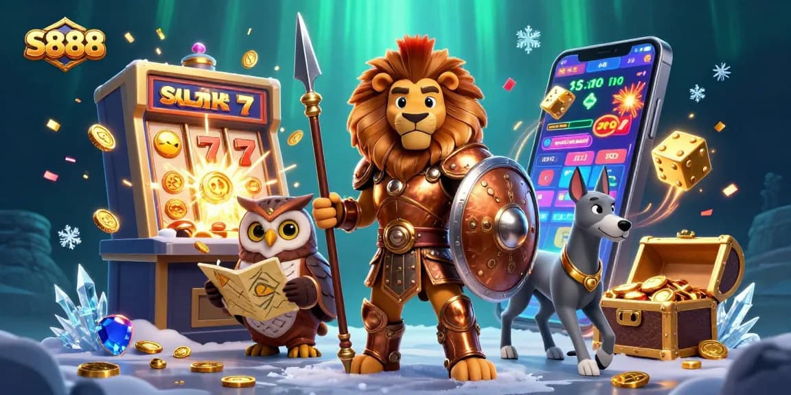 Experience the thrill at S888 with a vibrant illustration of a Spartan lion and casino elements.