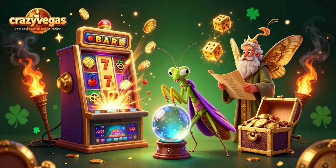 Engage with the crazyvegas best real money online casino in a vibrant 3D illustration exploding with casino action and magic.