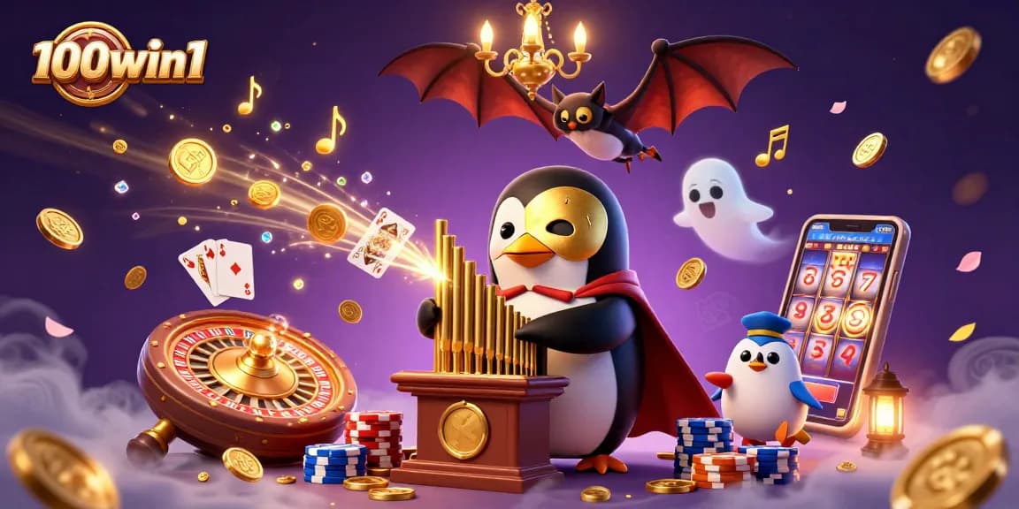 Experience the thrill of 100win1 with cascading golden coins and vibrant casino elements in this exciting illustration.