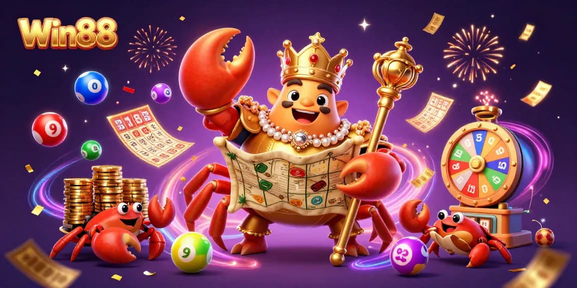 Win88 lottery excitement with a golden crab emperor and dynamic game elements.