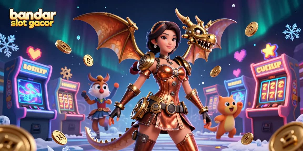 Experience the excitement at bandar slot gacor with this vibrant 3D gaming illustration filled with slot machines.