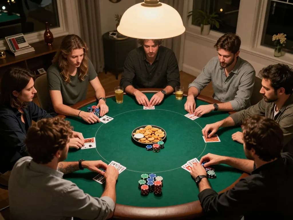 Friends enjoying a poker night around a green felt table, strategizing their game on Poker88 platform