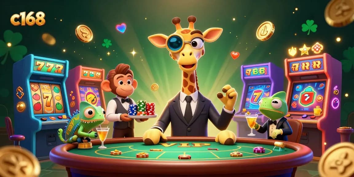 Engage in thrilling gameplay at c168 with vibrant slot reels and a high-roller giraffe in an exciting casino atmosphere.