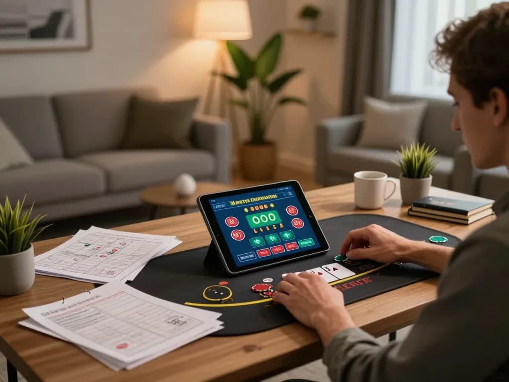 open88 player engaging in online blackjack strategy at home, highlighted by tablet interface and cozy setting