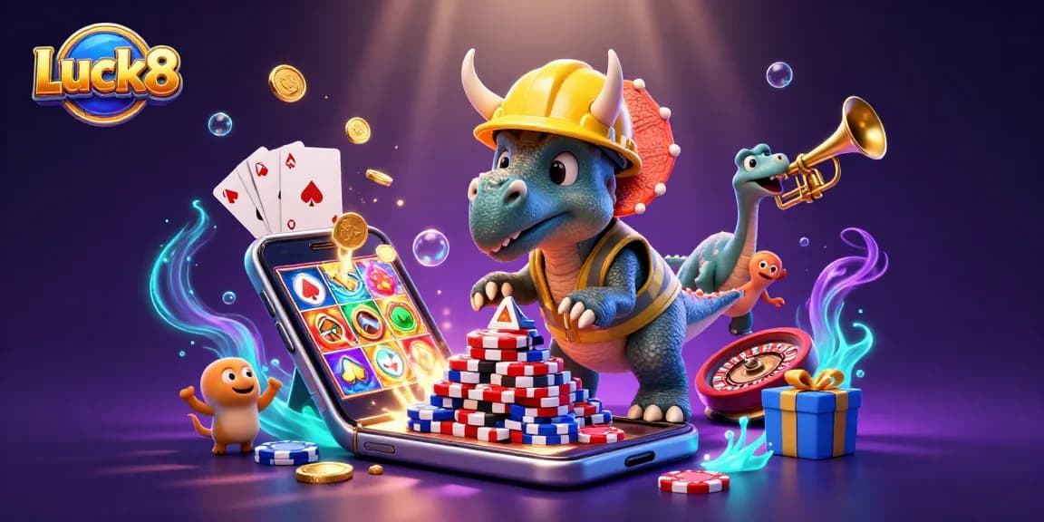 Luck8 showcases a vibrant 3D illustration with casino elements, featuring a triceratops building poker chip pyramids.