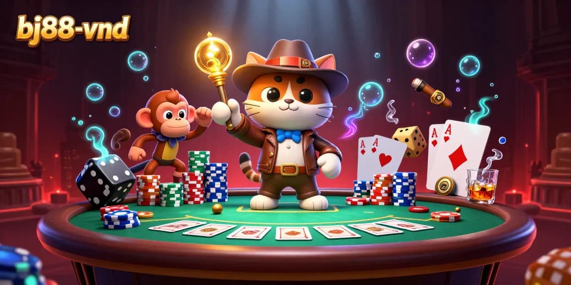 Engage with bj88-vnd as an explorer cat unearths a golden casino artifact in a dynamic temple scene.