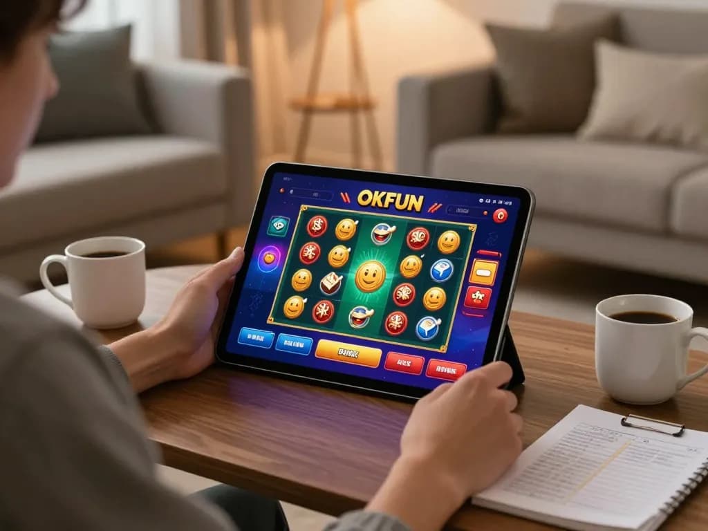 Engaging with OKFUN casino app on tablet in a cozy atmosphere, highlighting online gaming.