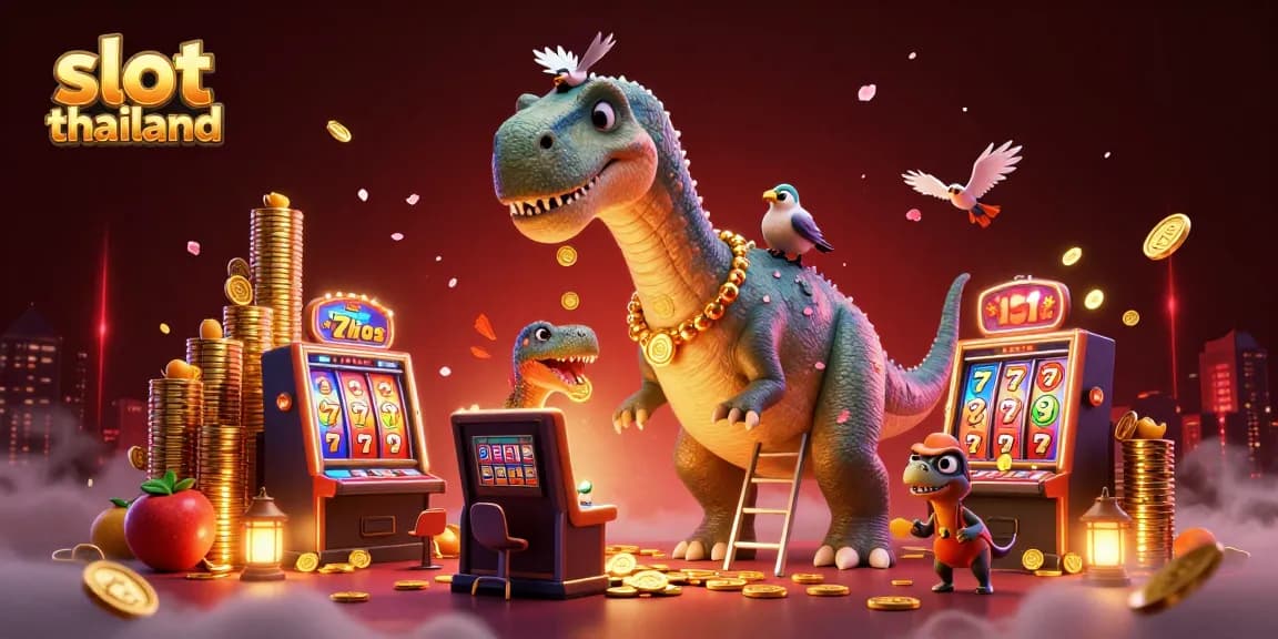 Slot Thailand menghadirkan suasana menyenangkan dengan brontosaurus dan slot mesin penuh simbol keberuntungan.