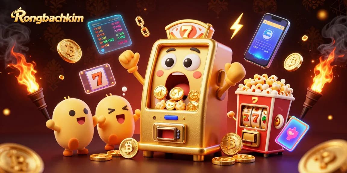 Rongbachkim slot machine hits jackpot with coins pouring out, surrounded by vibrant casino elements.