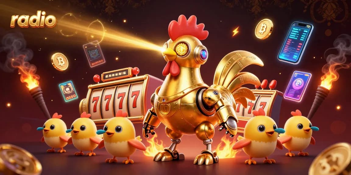 Engage with radio-themed online casino slot games featuring golden rooster and crypto icons.