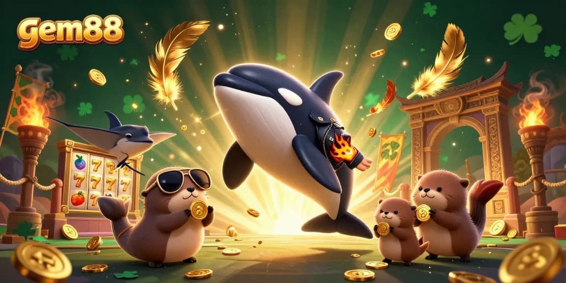 Join the excitement at gem88 with a thrilling 3D casino scene featuring animated characters and vibrant symbols.