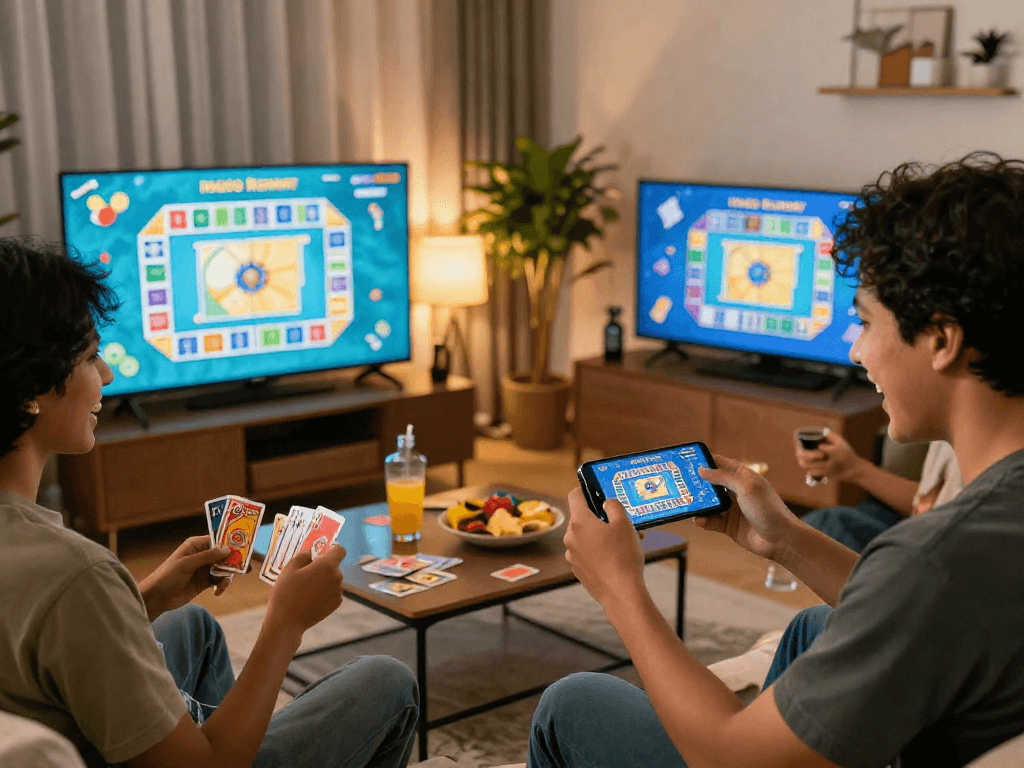Indo Rummy gaming experience with friends in a cozy setting
