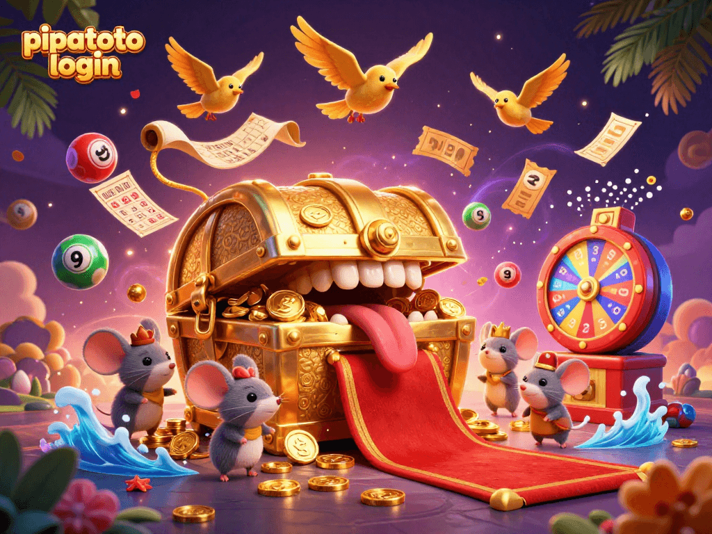 Pipatoto login to witness a captivating scene with a golden treasure chest, dynamic lottery elements, and vibrant casino visuals.